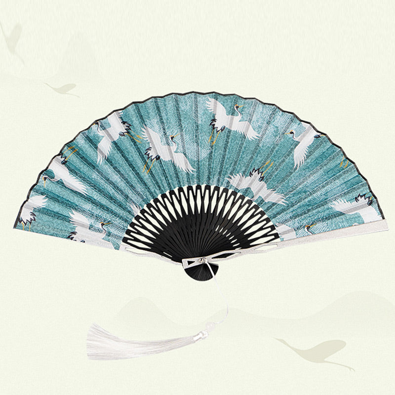 22.5cm Chinese Folding Fan | Blue Crane Silk Bamboo Fan