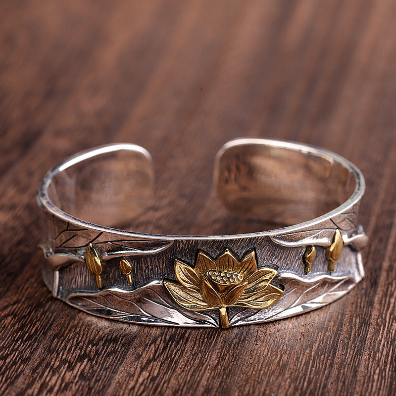Lotus Flower Calm Bracelet in 925 Sterling Silver Adjustable