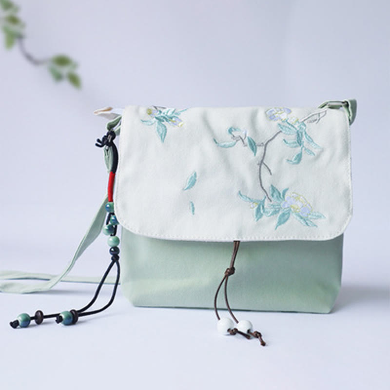 Handmade Canvas Crossbody Bag with Plum Flowers 20x23cm