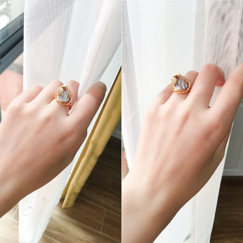 Adjustable Pearl Copper Plated Gold Flower Ring for Wealth & Happiness