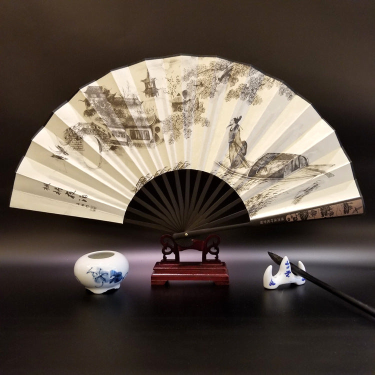 33.5cm Chinese Bamboo Folding Fan with Great Wall Pattern