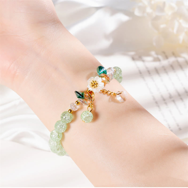 Spiritual Glass Bead Bracelet with Flower Charm for Protection