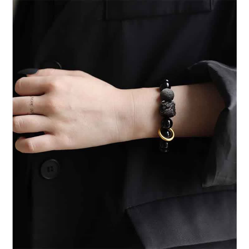 12mm Black Obsidian Lion Strength Empowerment Bracelet