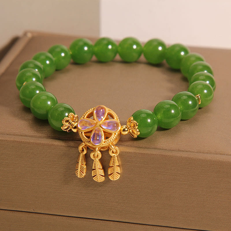 8mm Green Jade Dreamcatcher Four Leaf Clover Bracelet