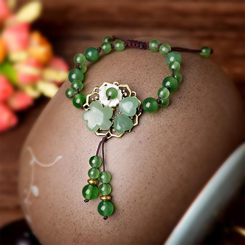 Unisex Green Jade Luck Flower Charm Bracelet 6-10mm Beads