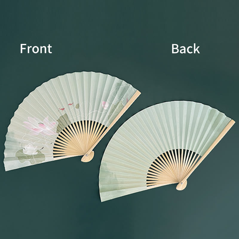 Lotus Flower Chinese Folding Fan with Bamboo & Paper