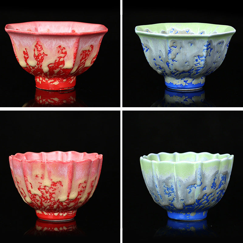 Retro Blue Red Gradient Lotus Ceramic Teacup Bowl
