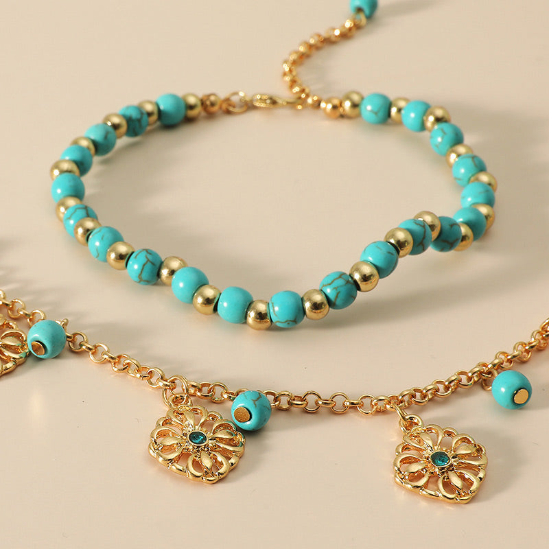Turquoise Flower Protection Bracelet and Anklet Set
