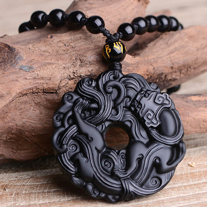Black Obsidian Peace Buckle Pixiu Protection Necklace