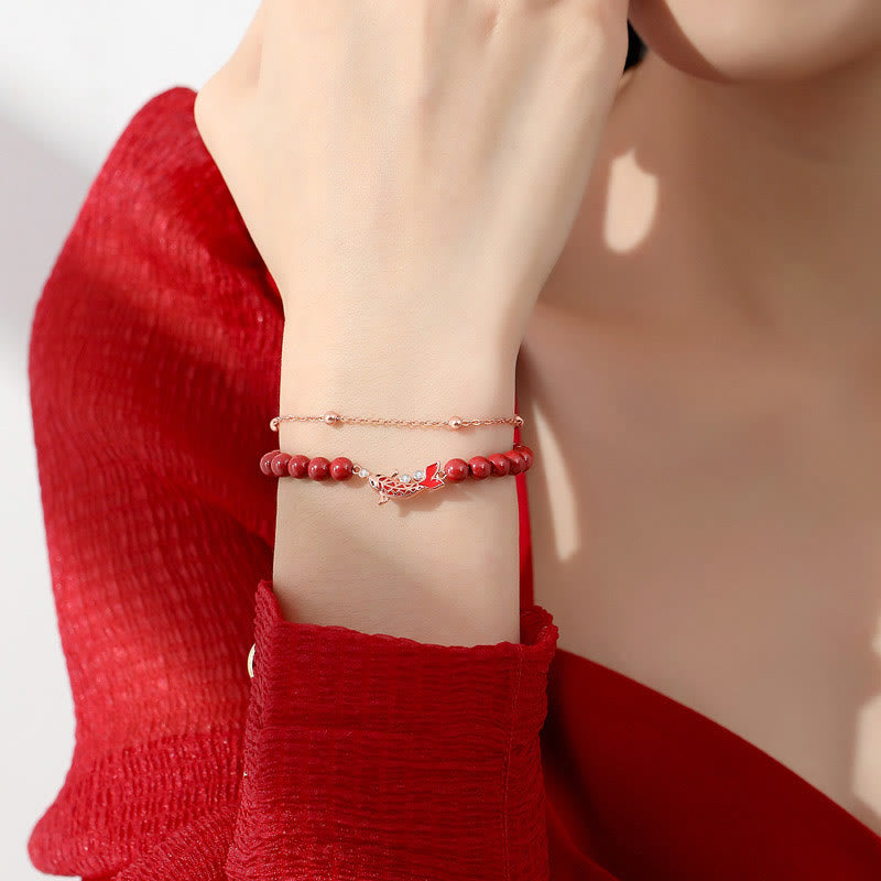 925 Sterling Silver Koi Fish Prosperity Bracelet Double Chain