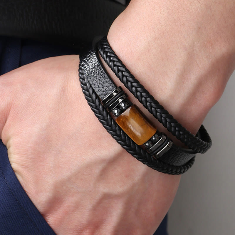 Tiger Eye Power Magnetic Buckle Leather Bracelet