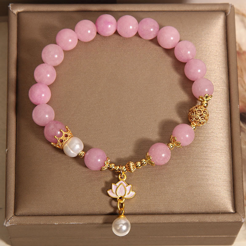 8mm Authentic Pink Jade Pearl Lotus Charm Bracelet