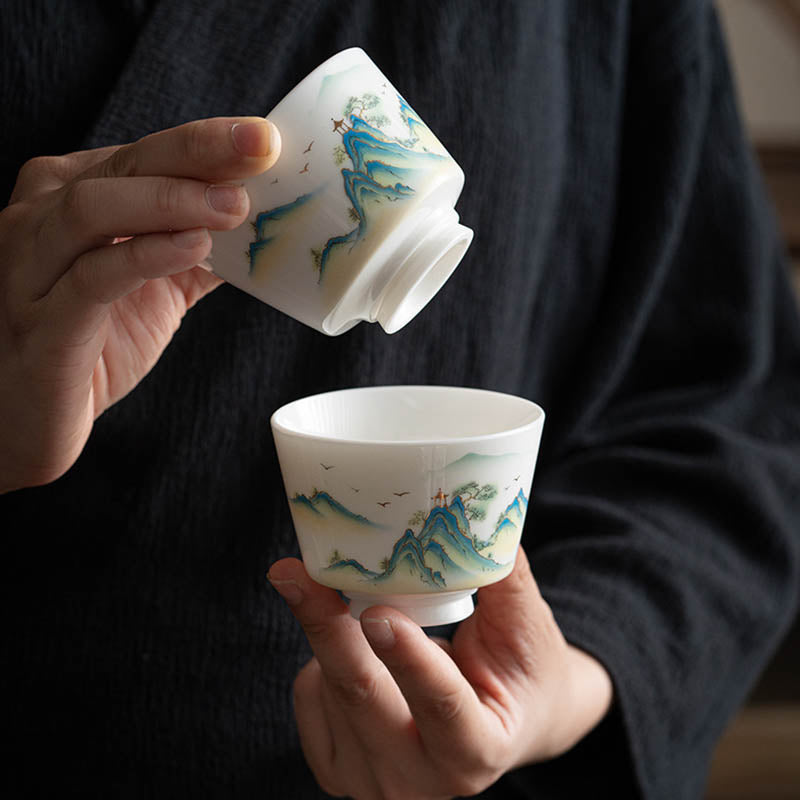 Zen Ceramic Teacup with Lotus Flower and Mountain Design 100ml