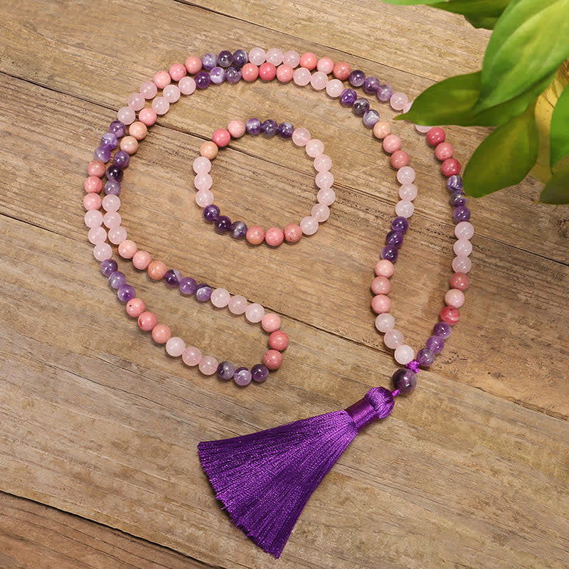 Amethyst Rose Quartz 108 Bead Gemstone Mala Bracelet