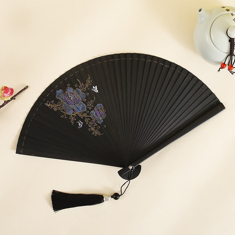 18cm Bamboo Folding Fan with Hibiscus and Plum Blossom Design