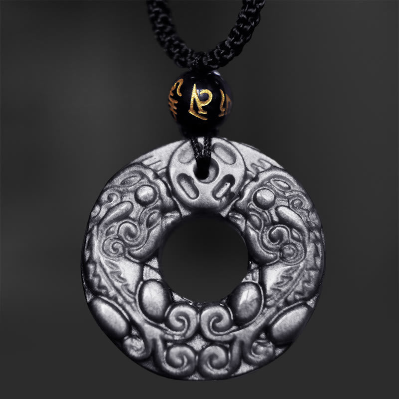 Silver Sheen Obsidian Double PiXiu Protection Necklace Pendant