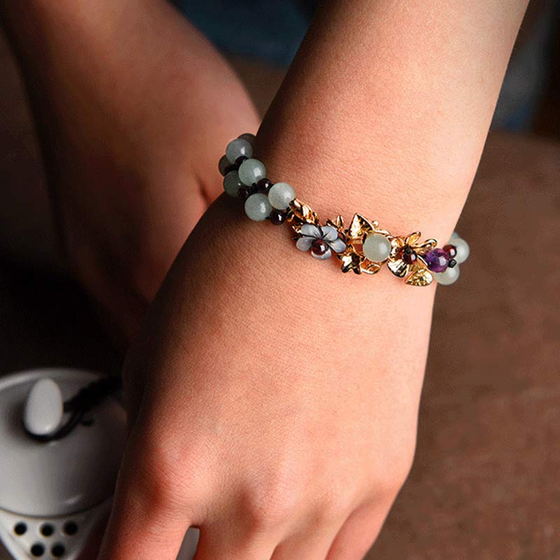 Green Aventurine & Garnet Luck Bracelet with Flower Petals