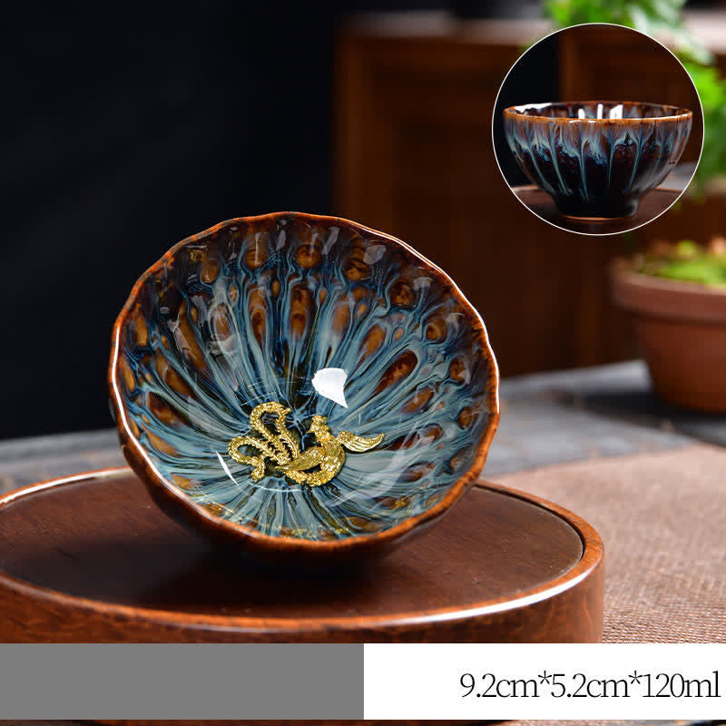 Ceramic Zen Teacup 120ml | Lotus Peacock Dragon Symbolism
