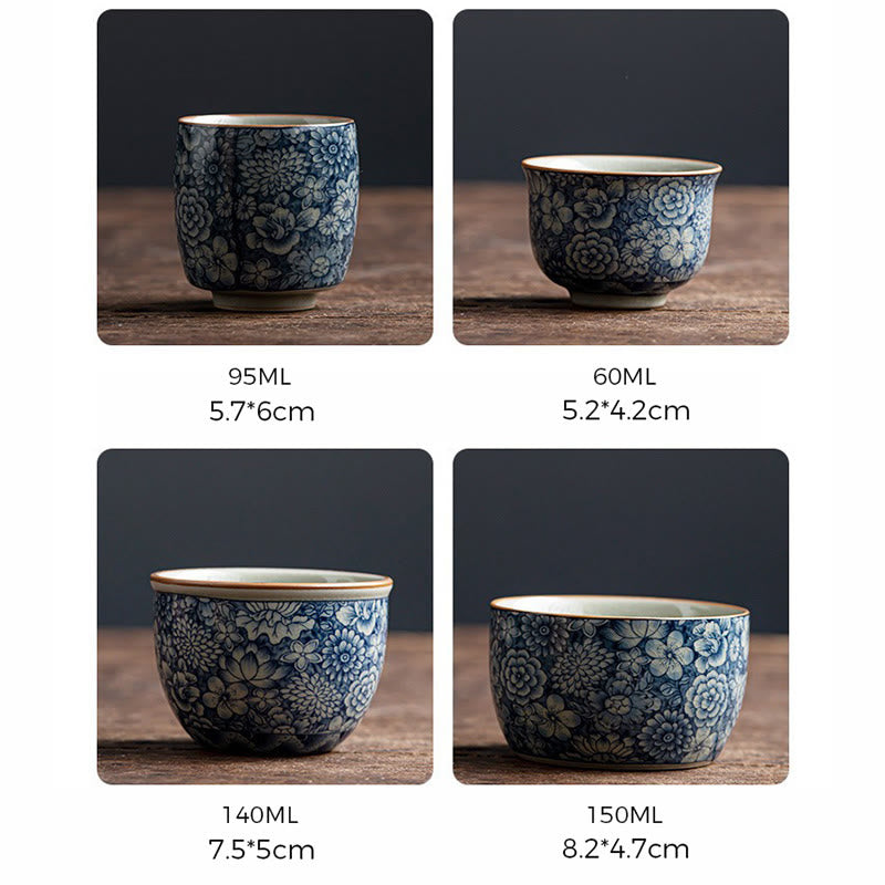 Ceramic Zen Tea Cup with Blue Lotus & Chrysanthemum Design 95ml