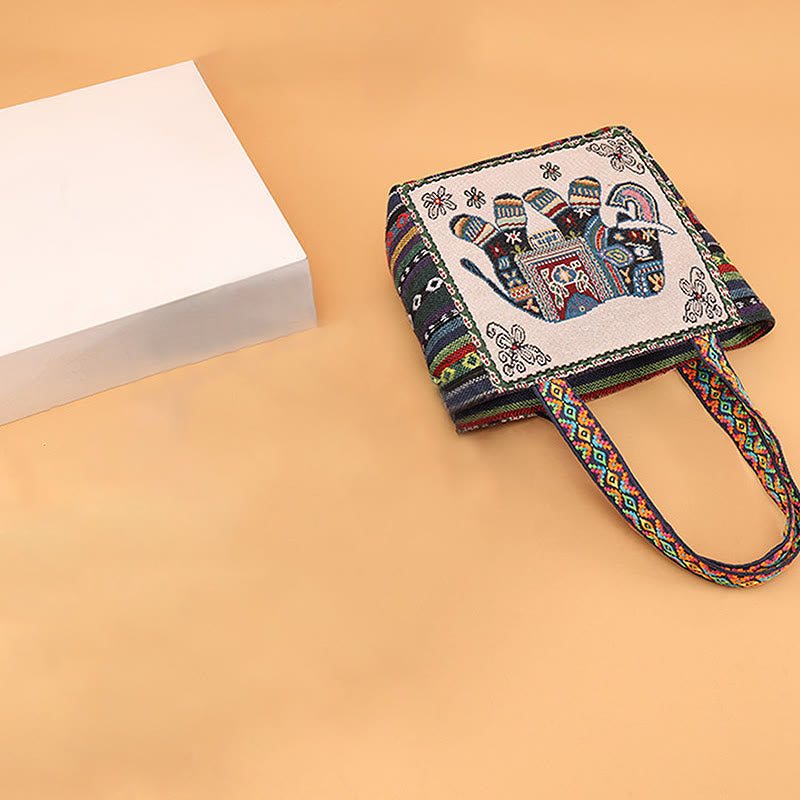 Large Canvas Tote Bag with Elephant Butterfly Embroidery - Spiritual Charm