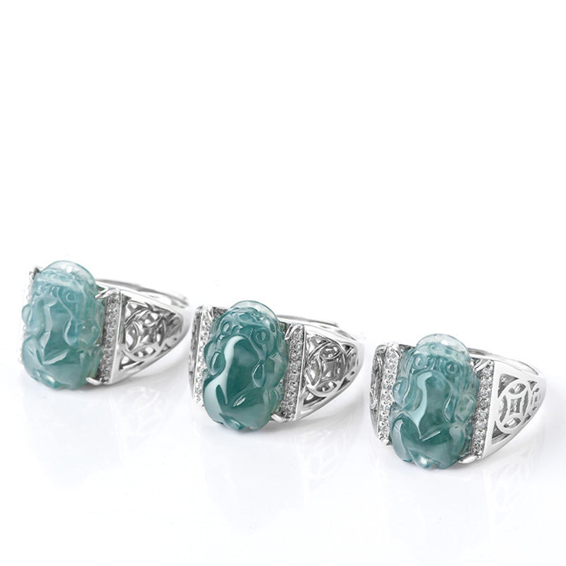 Sterling Silver Jade Pixiu Ring for Wealth & Luck