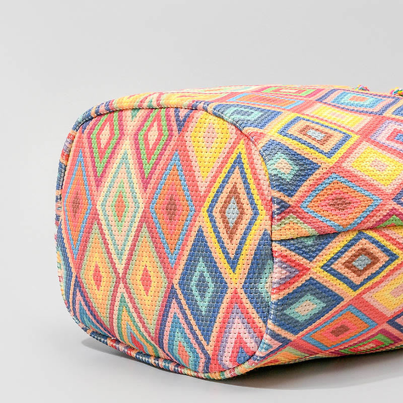Colorful Canvas Bucket Bag with Geometry Flowers Print