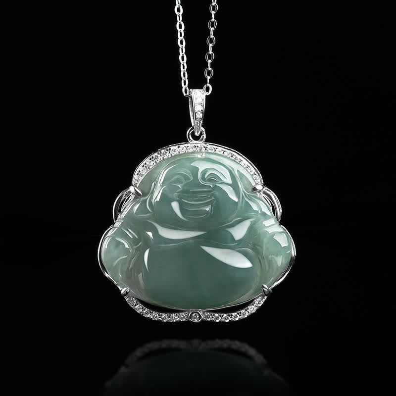 Jade Laughing Buddha Necklace in 925 Sterling Silver for Luck