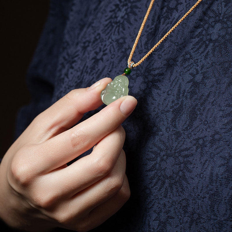 Laughing Buddha Jade Lotus Prosperity String Necklace