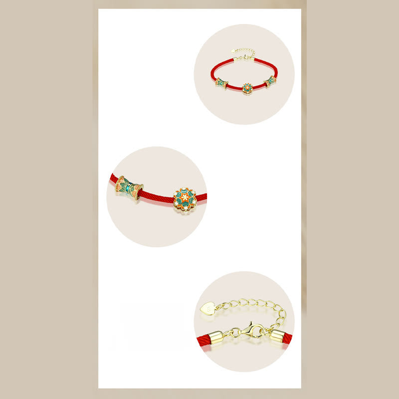925 Sterling Silver Lotus Drum Bracelet with Red Rope | New Beginnings