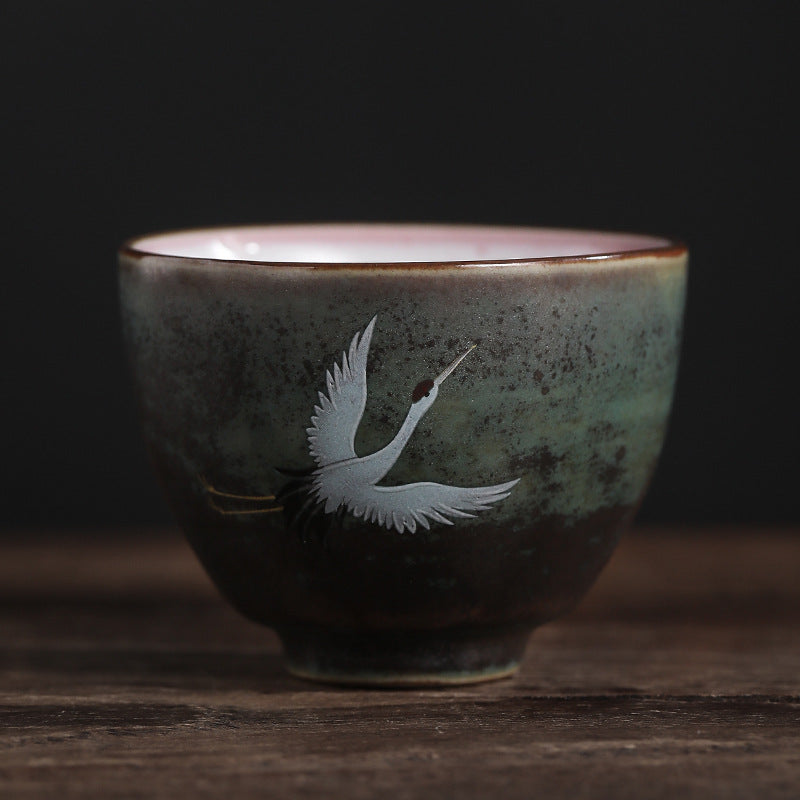 Auspicious Crane Ceramic Tea Cup for Meditation & Ritual