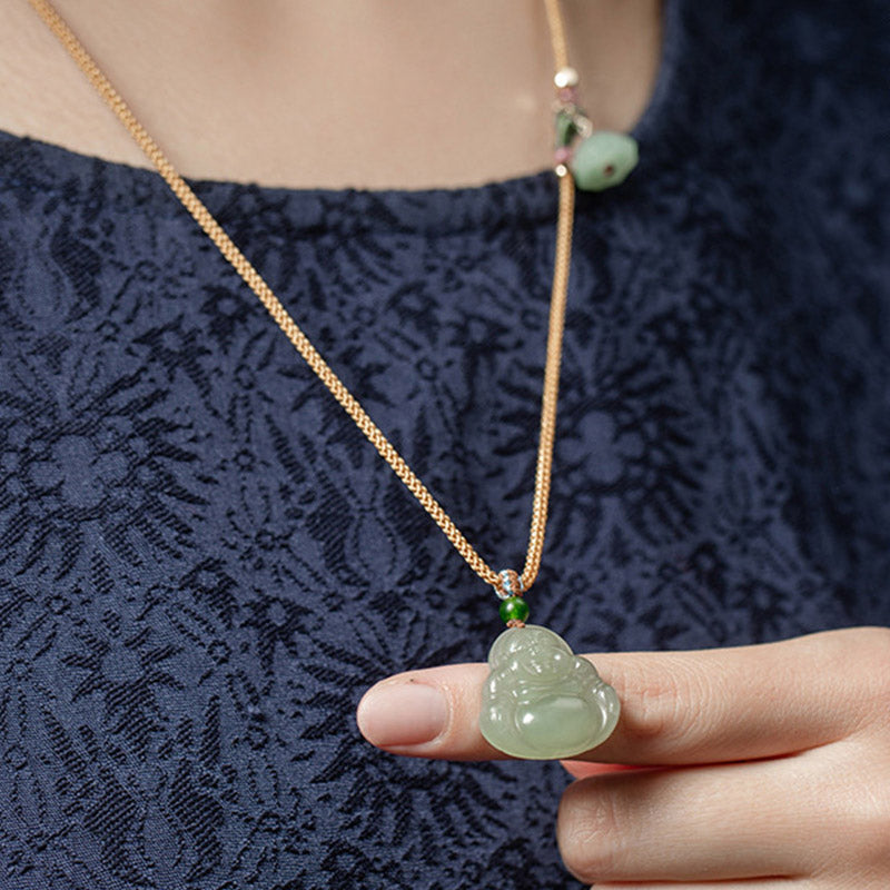 Laughing Buddha Jade Lotus Prosperity String Necklace