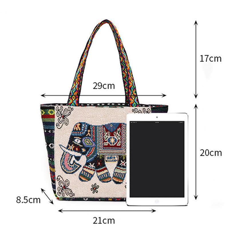 Large Canvas Tote Bag with Elephant Butterfly Embroidery - Spiritual Charm