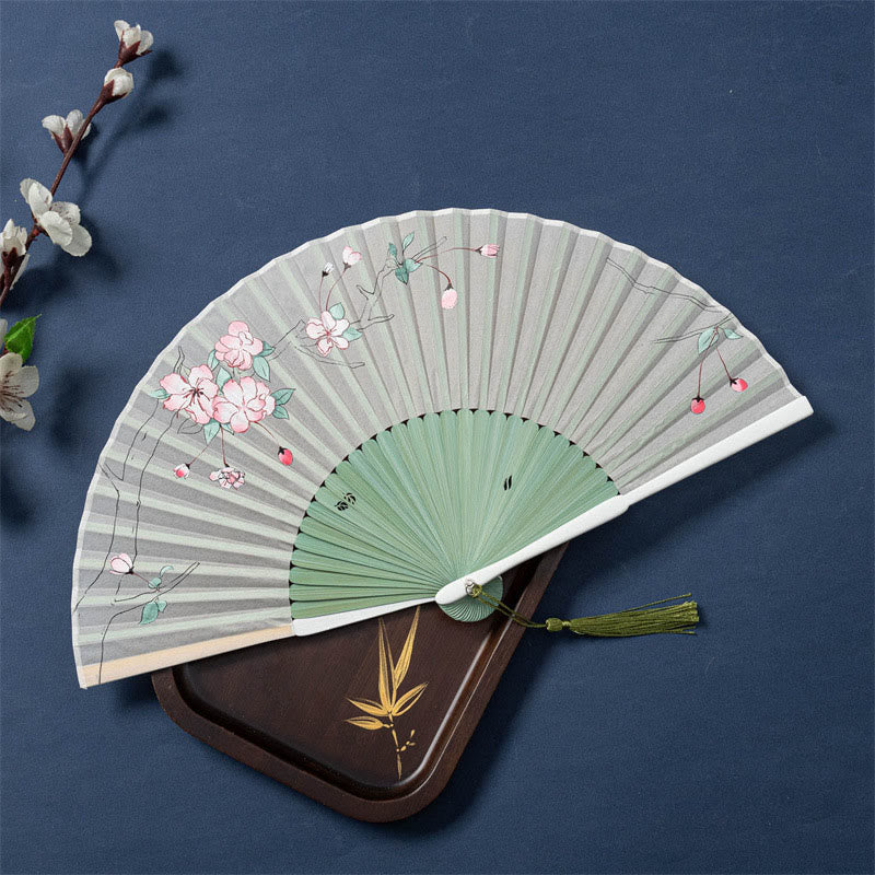 21cm Chinese Folding Fan with Lotus Begonia Jasmine Motifs in Bamboo Frame