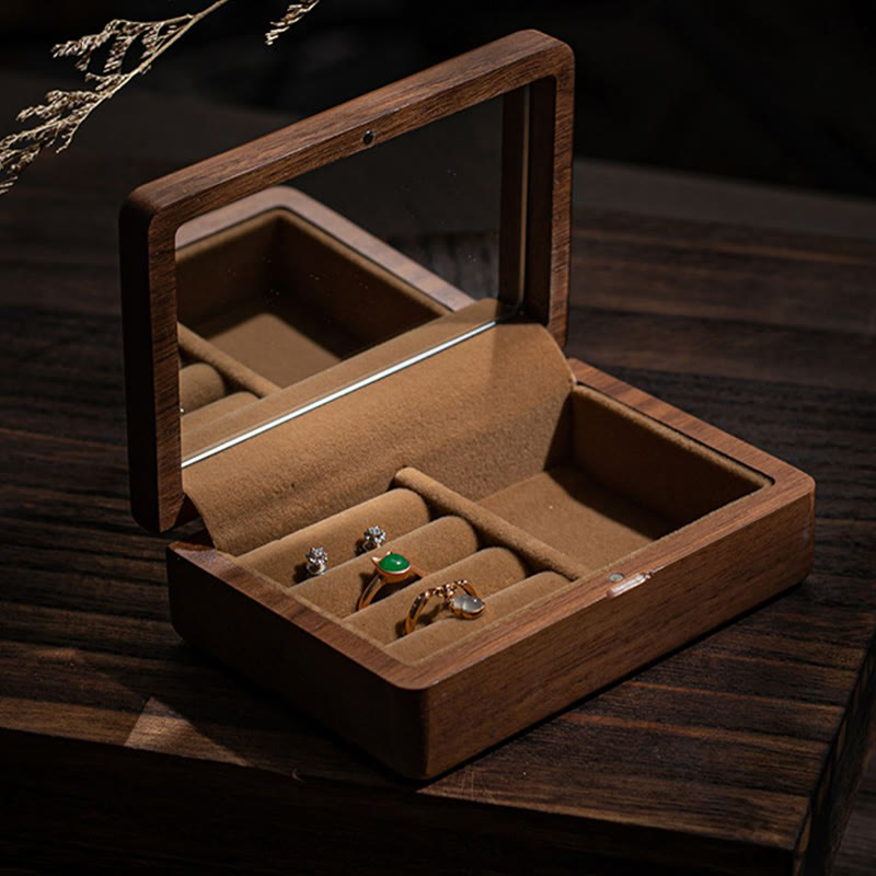 Black Walnut Wood Jewelry Storage Box with Mirror | Zen Decor