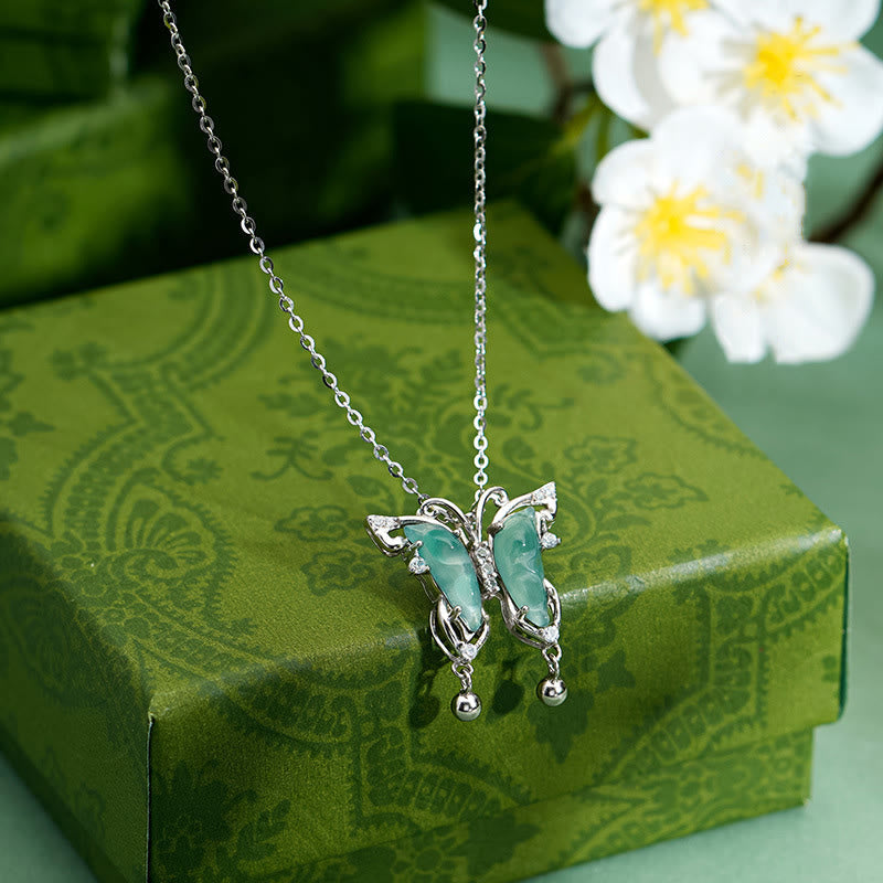 925 Sterling Silver Green Jade Butterfly Luck Necklace
