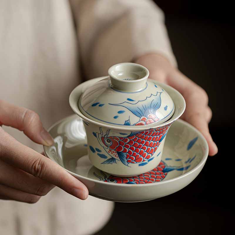 Red Ceramic Koi Fish Gaiwan Teacup 130ml for Tea Rituals