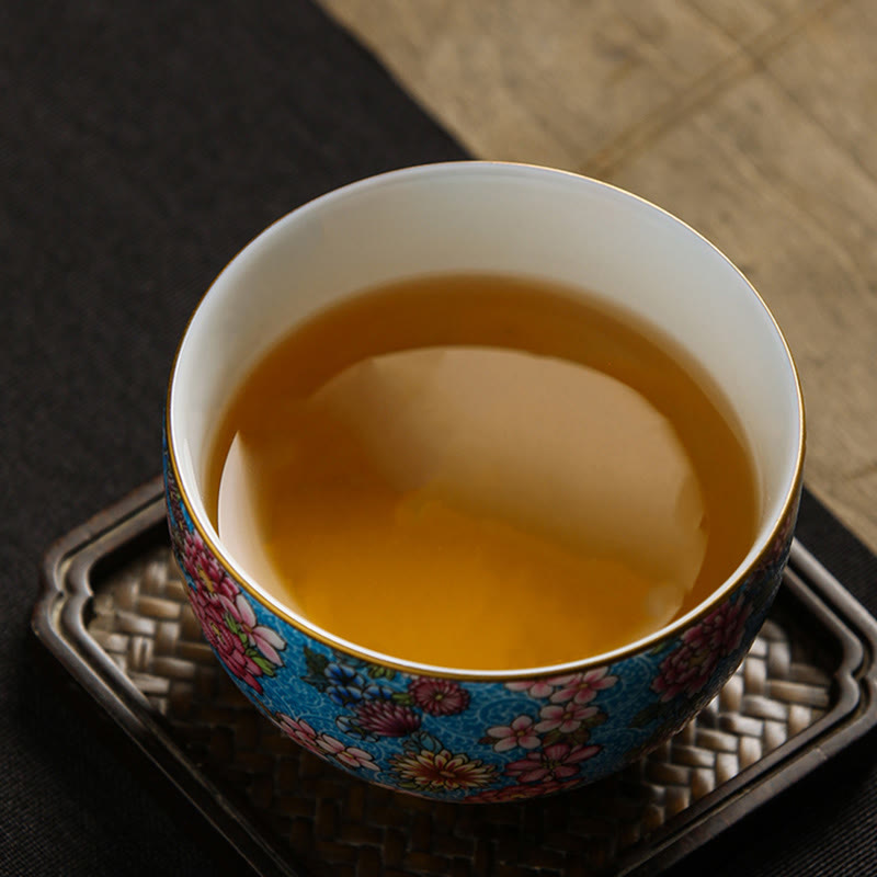 Jingdezhen Porcelain Tea Cup with Colorful Flowers 8cm Zen Decor