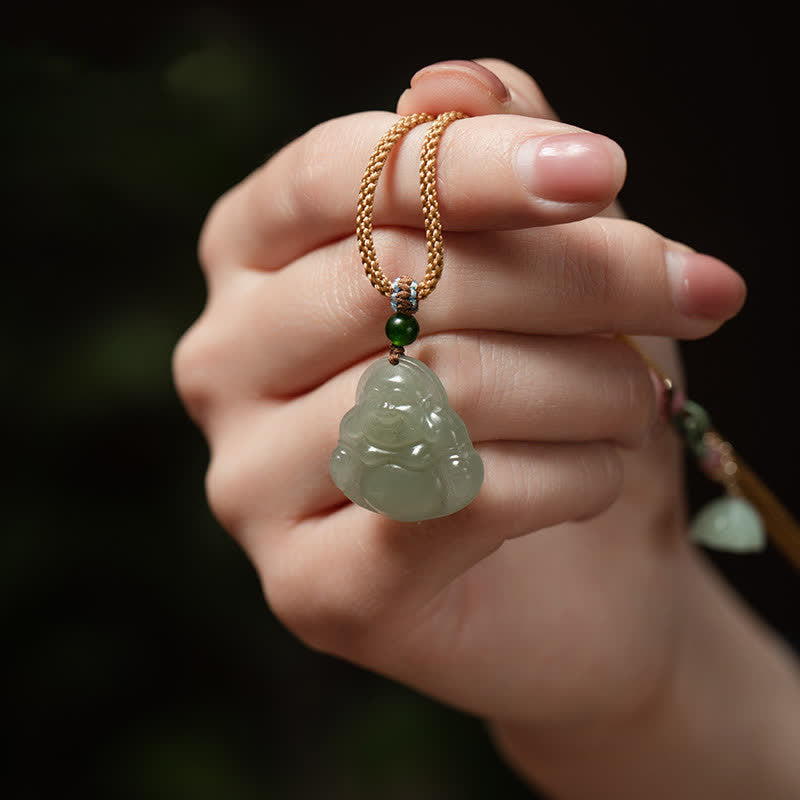Laughing Buddha Jade Lotus Prosperity String Necklace