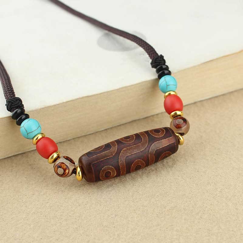 Unisex Agate Necklace with Nine-Eye and Three-Eyed Dzi Beads for Protection
