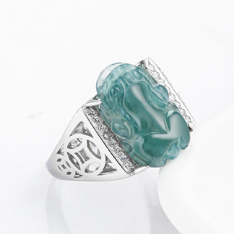 Sterling Silver Jade Pixiu Ring for Wealth & Luck