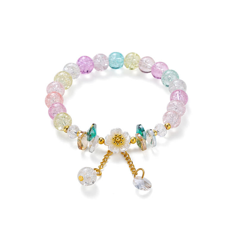 Spiritual Glass Bead Bracelet with Flower Charm for Protection