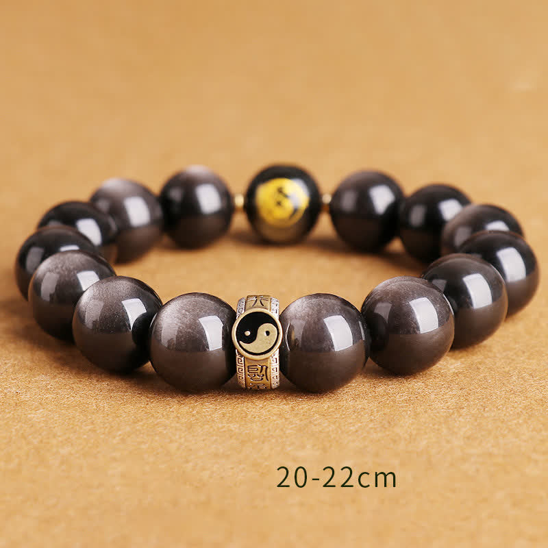 10mm Yin Yang Obsidian Protection Bracelet Sterling Silver