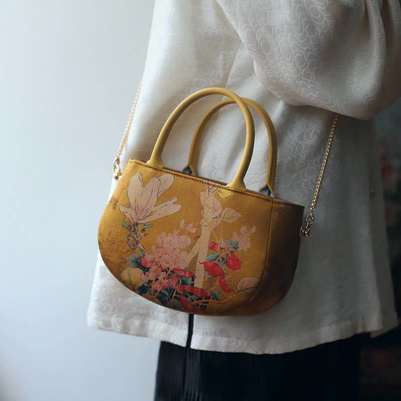 Vintage Flower Peony Metal Chain Zipper Crossbody Bag