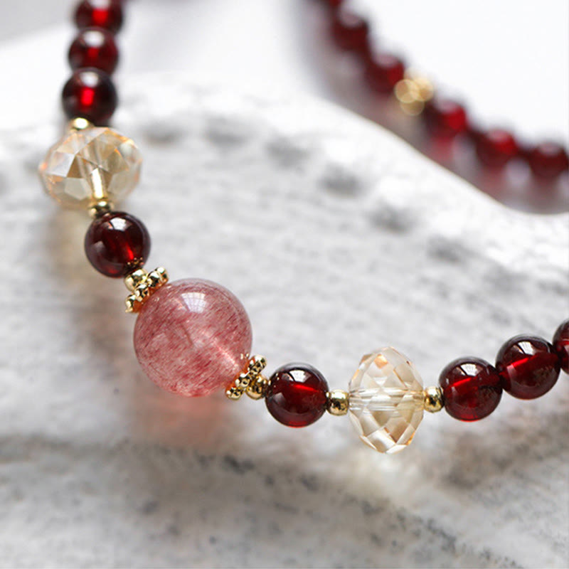14K Gold Garnet Strawberry Quartz Stability Bracelet