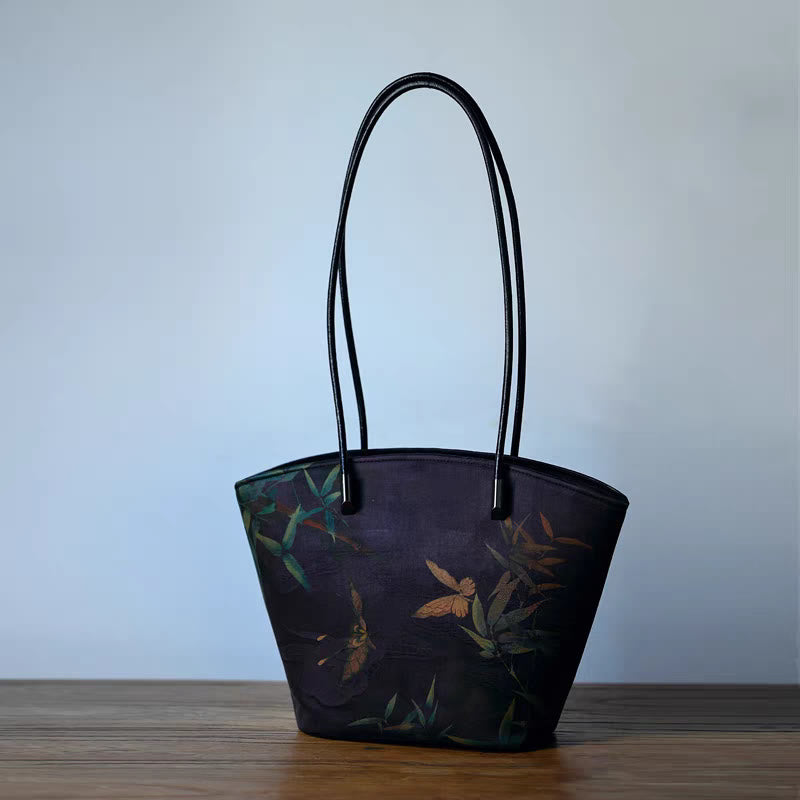 Vintage Bamboo Magpie Large Capacity Shoulder Bag with Peony Butterfly
