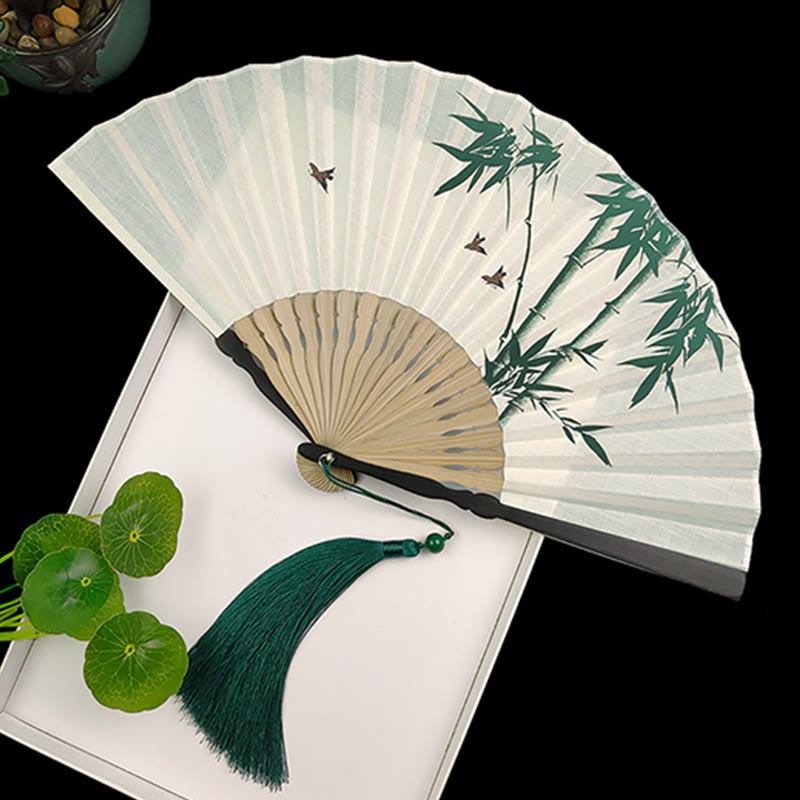 Chinese Folding Fan with Bamboo and Koi Fish Patterns