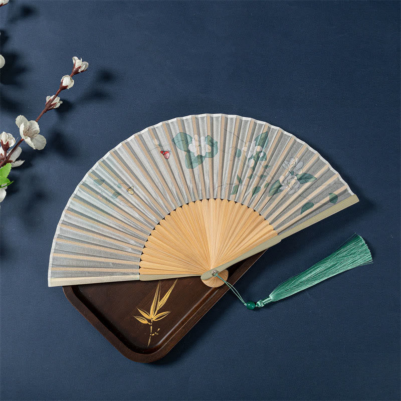 21cm Chinese Folding Fan with Lotus Begonia Jasmine Motifs in Bamboo Frame