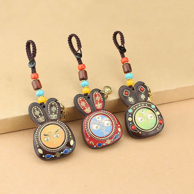 Ebony Five God of Wealth Thangka Key Chain Spiritual Jewelry