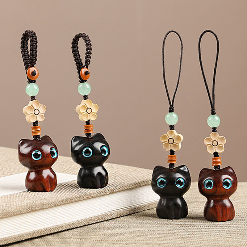 Ebony Wood Lucky Cat Key Chain for Spiritual Peace & Balance