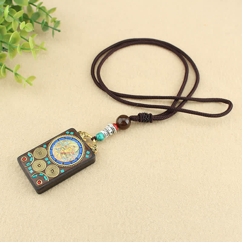 Ebony Wood Necklace Pendant with Five Gods of Wealth | Peace